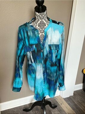 Calvin Klein Blue Teal Watercolor Print Top Size L